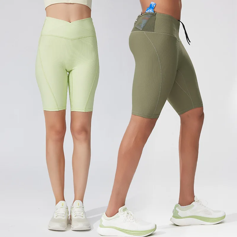 (S-XL)Women High Waist Compression Yoga Shorts Quick Dry Tights with Mesh Back Multi-Pocket Running Fitness Bottoms 80% Nylon