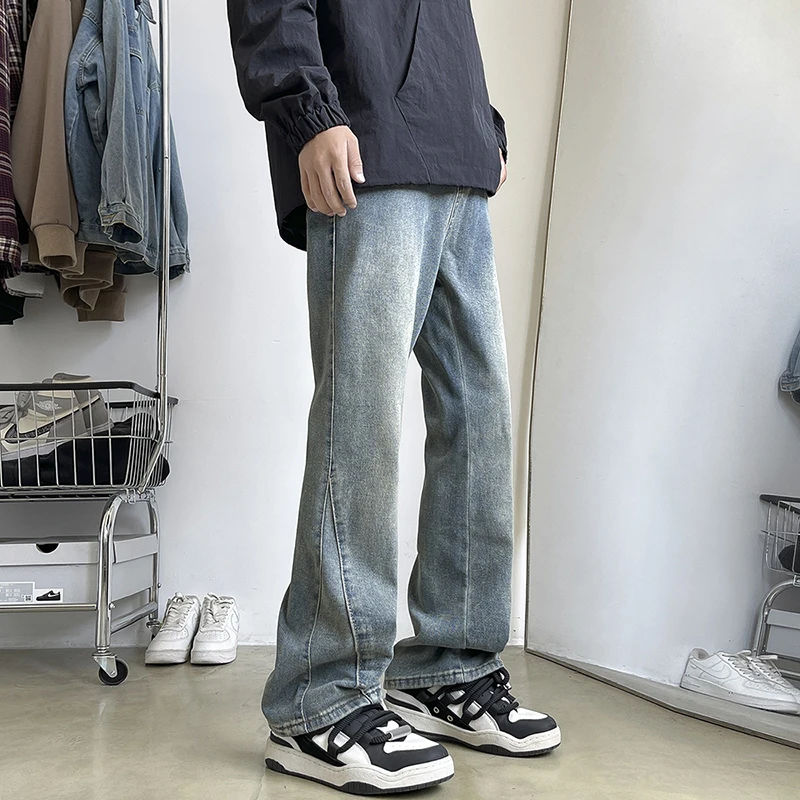 New Men's Patchwork Bootcut Jeans Elastic Waist Vintage Classic Blue Black Denim Trousers Fashion High Street Korean Male Pants 4