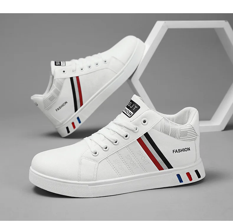 Weiße High-Top-Turnschuhe für Herren, Schnür-Leder-Sportschuhe, große Größe 45, vulkanisierte Herren-Turnschuhe, Tenis-Trainer, männliche Freizeitschuhe – Detail 30