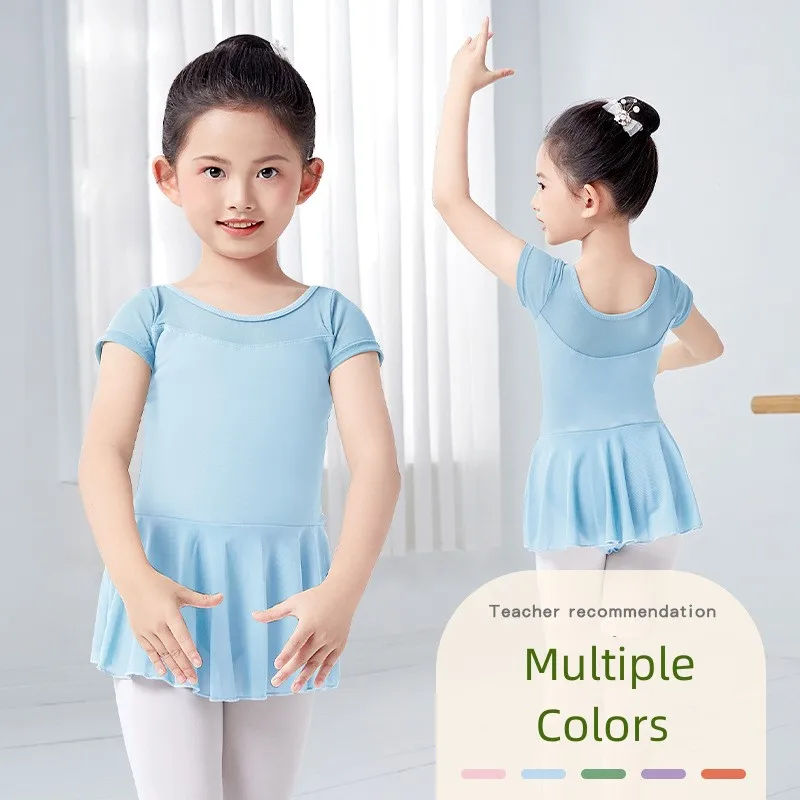 

Girl's Ballet Leotard with Skirt Short Sleeve Kids Cotton Dance Leotard Soft Mesh Splice Children's Dance Dress for Ballet