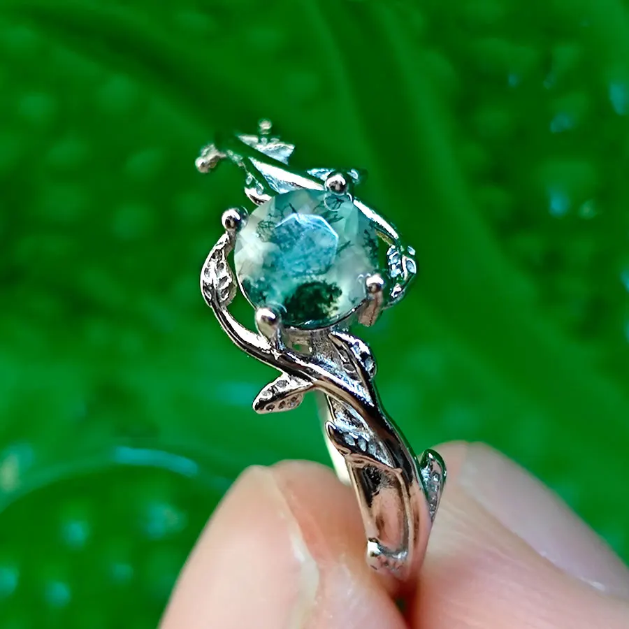 

Green Onyx Ring 925 Sterling Sliver Rings 5mm Water grass agate Ring Elegant Woman‘s Jewelry Prong Setting