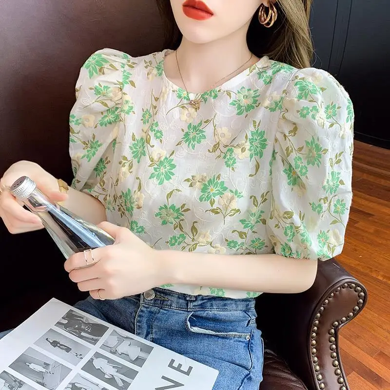Fashion O-Neck Printed puff sleeve Floral Blouses Female Clothing 2024 Summer Loose All-match Tops sweet short Sleeve Shirts