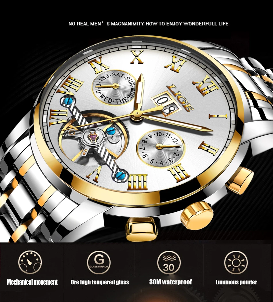 LIGE Luxury Mens Watches Automatic Watch for Men Tourbillon Wristwatch Waterproof Mechanical Watch Date Clock Relogio Masculino