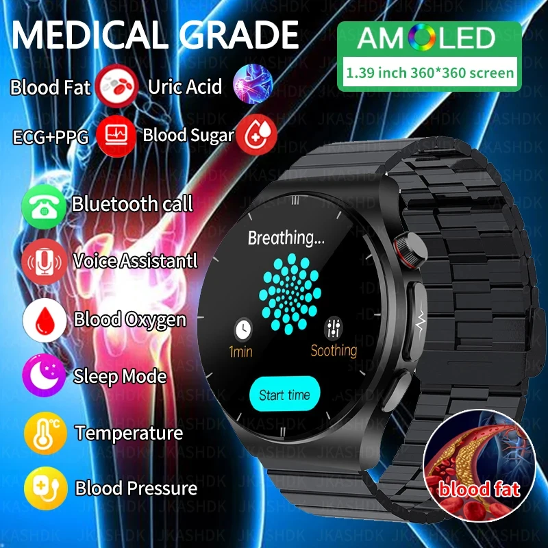 2024 New Blood Sugar Smart Watch Health Blood Lipid Monitor Dell'Acido Urico Orologio Sportivo Smart Ecg + Ppg Bluetooth Call Smartwatch Mens