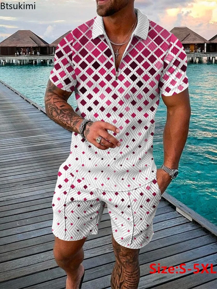 2024 Men's Shorts Sets 3D Printed Short Sleeve Zip Pullover+Shorts Suit 2PCS Breathable Summer Man Sport Casual Clothing Sets