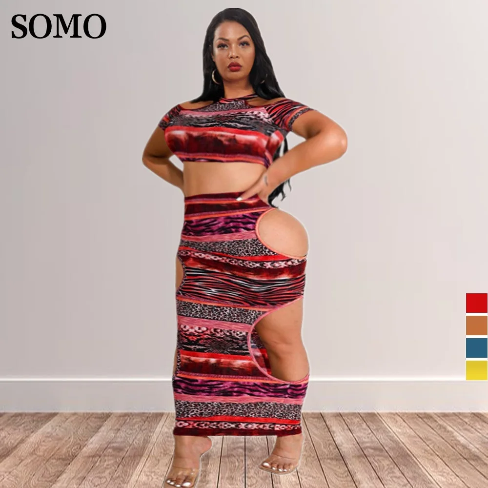

SOMO Leopard Print Plus Size 2 Piece Set Women Crop Top Skinny Long Skirts Hollow Out Sexy Outfit Club Wholesale Dropshipping