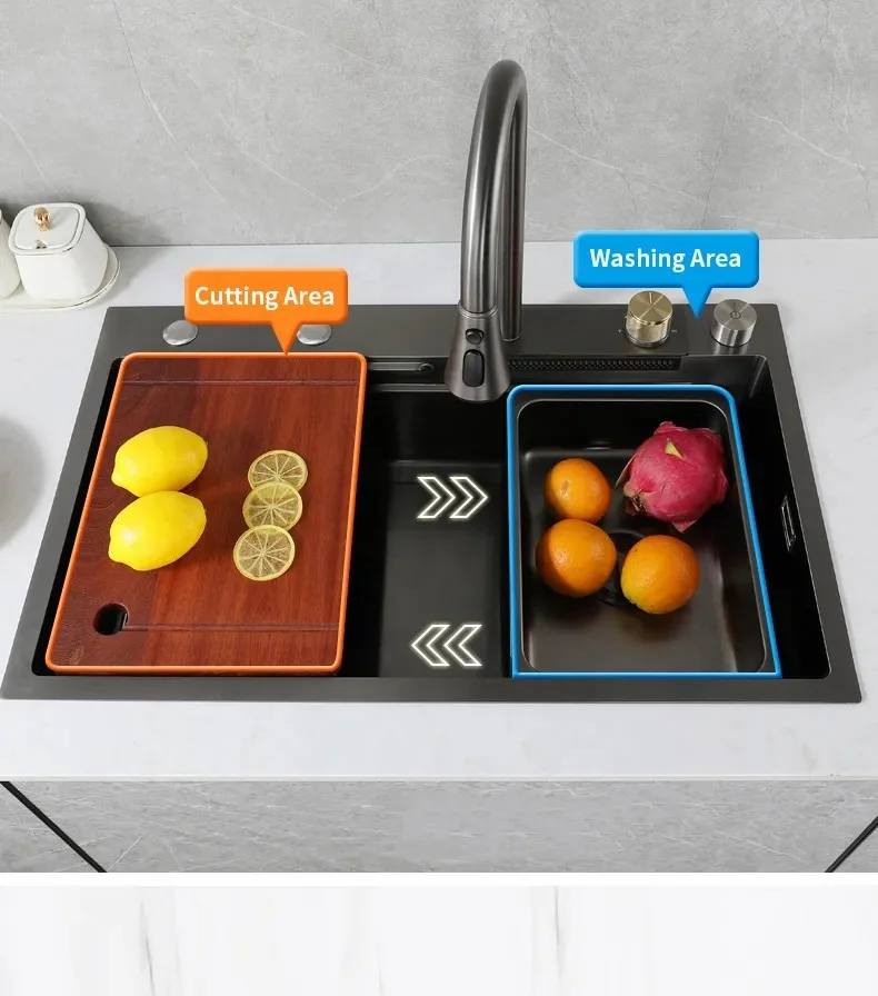 Voriva Multifunction Kitchen Sink 304 Stainless Steel Kitchen Sink Faucet Modern Waterfall Rainfall Single Bowl Kitchen Sink Set 3