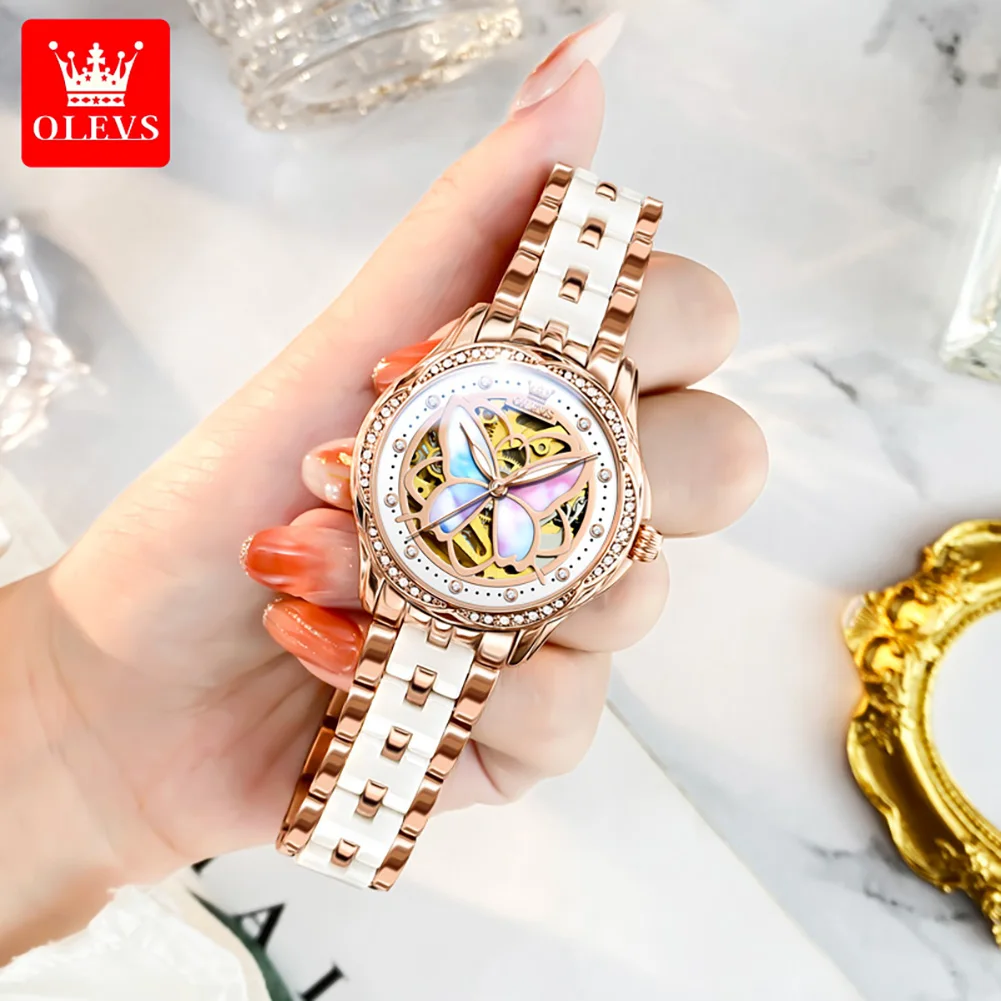 Orologio da polso meccanico automatico originale di alta qualità per donna, lussuoso ed elegante, con diamanti incastonati e farfalla colorata._voghion.com