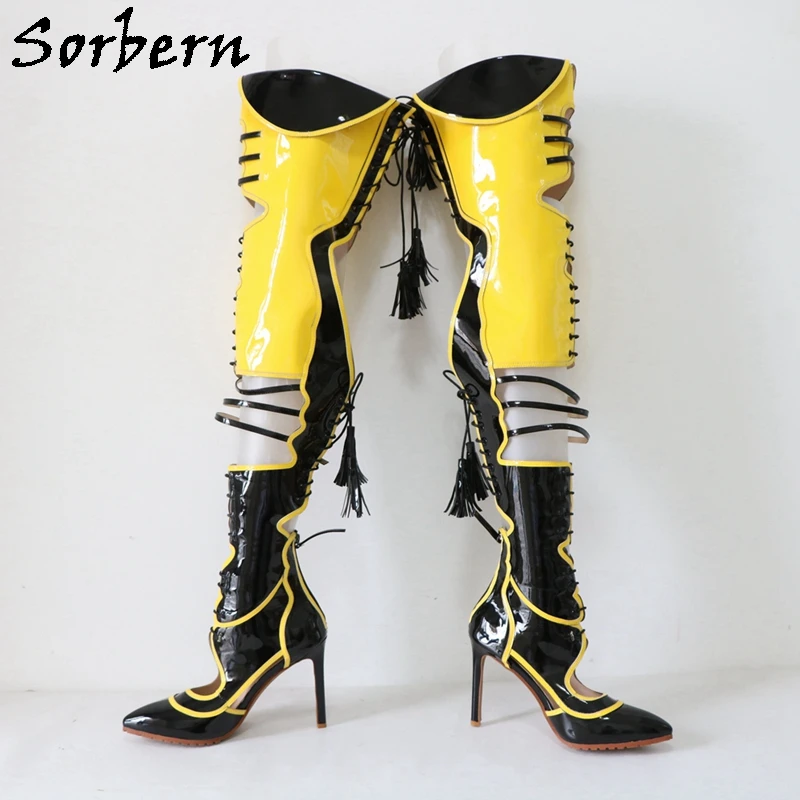 Sexy Yellow Black Boots Women Over The Knee Lace Up Back Contrast