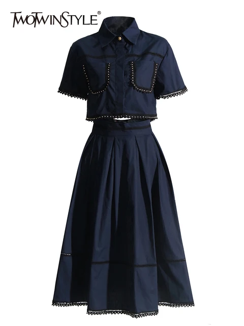 TWOTWINSTYLE Solid Summer Two Piece Sets For Women Lapel Short Sleeve Tops High Waist A Line Skirt Slim Set Female Fashion New 1