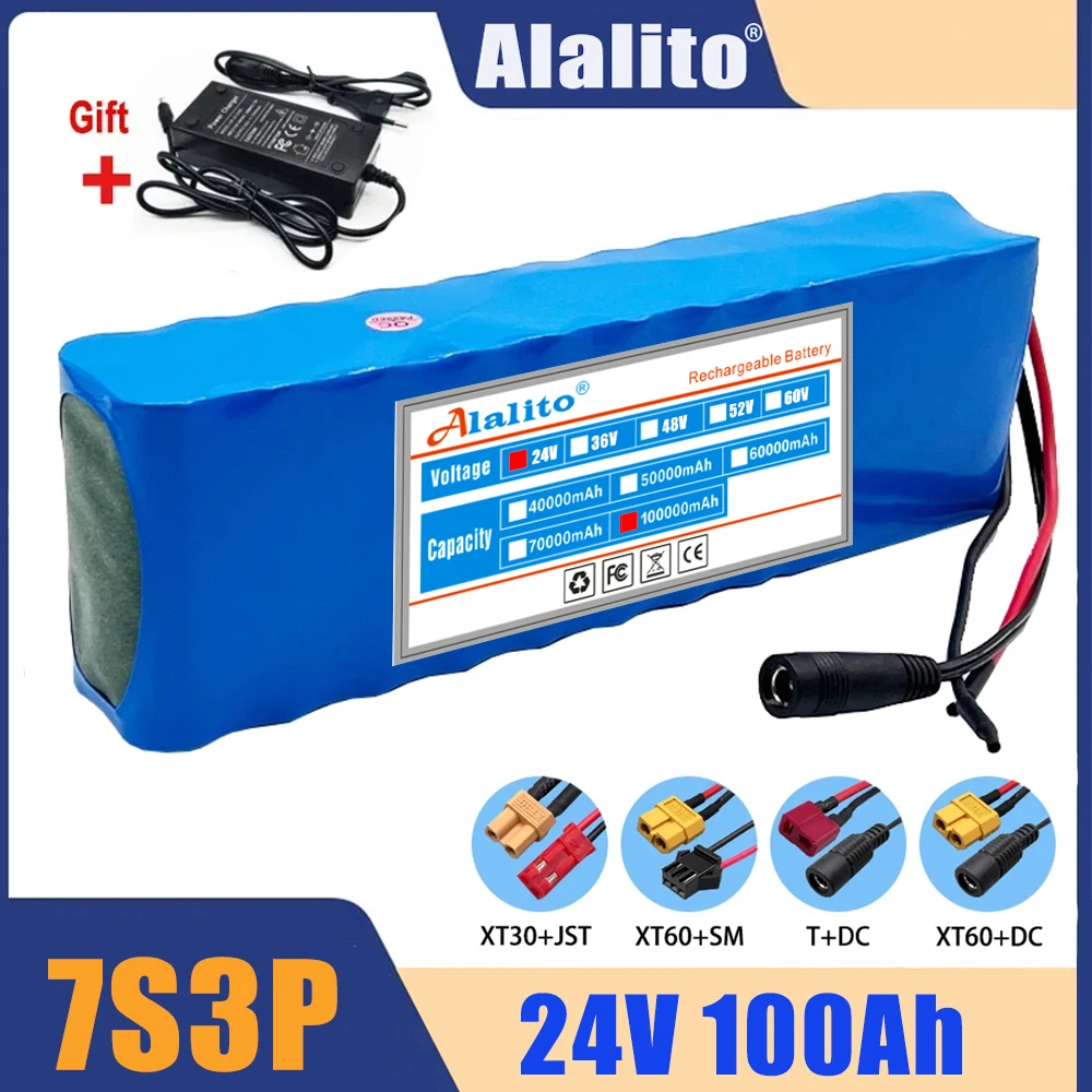 

Alalito 7S3P 24V 100Ah 18650 Lithium Ion Rechargeable Battery Pack 250W 350W 29.4V 30000mAh For Electric Bicycle Moped With BMS