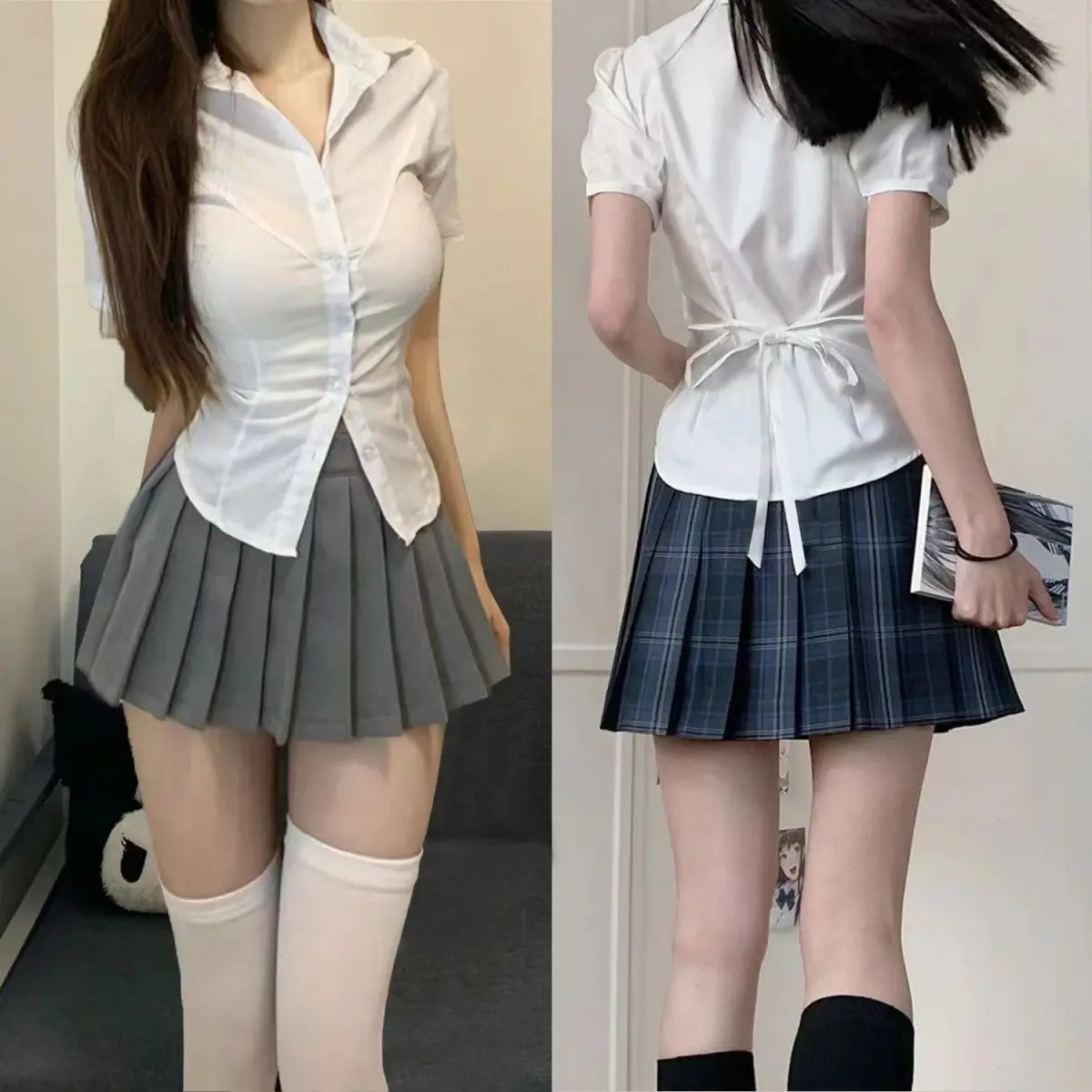 plus Size 200 Pou Extra Large White College Sle JK orm irt Waist Cinching Belted Slimming Effect  Collar irt