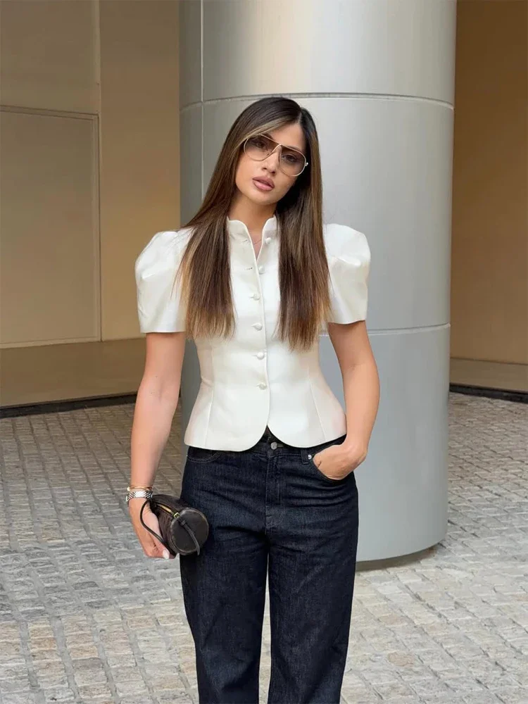 Elegant White Lantern Sleeve Shirt Women's Sexy Solid Stand Collar High Waist Slim Shirts 2026 New Lady Tops Commute Outerwears 3