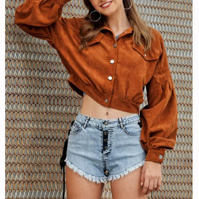 Fashion Women Corduroy Lantern Long Sleeves Lapel Jacket Spring Fall Winter Elegant Solid Color New Loose Casual Short Jackets