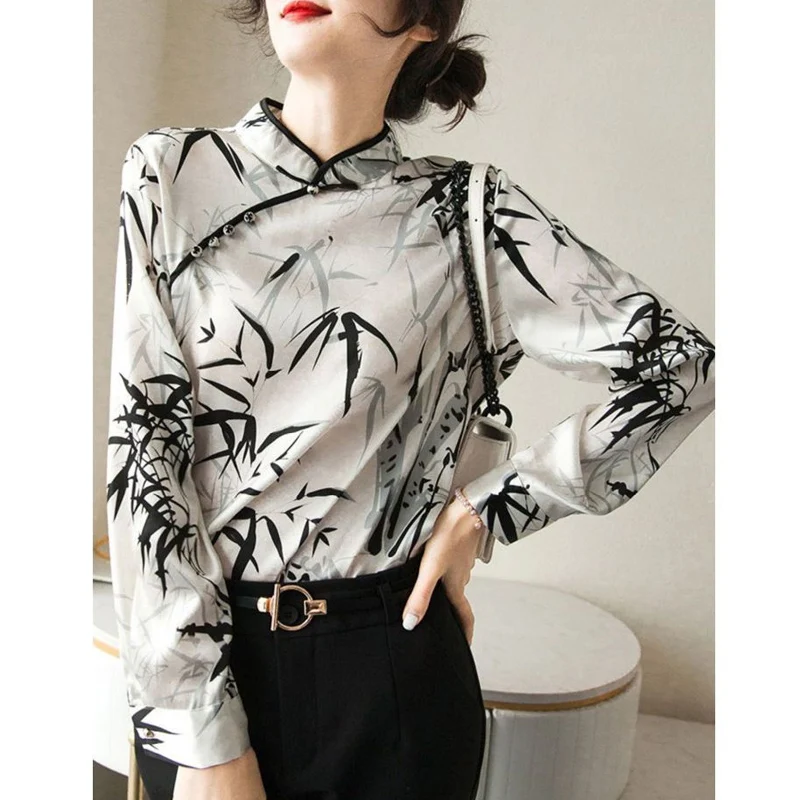 Spring Autumn New Vintage Printing Blouse Women High Street Casual Button Pullovers Chinese Style Elegant All-match Chic Tops