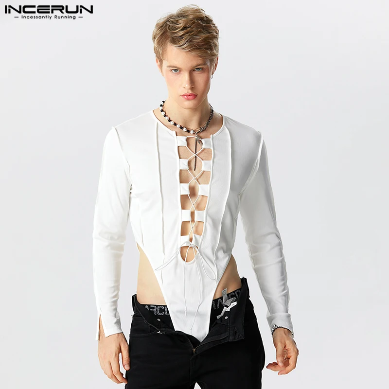 Fashion Casual Style Mens Homewear INCERUN Strap Design Bodysuits Male Solid Long Sleeve High Fork Triangle Jumpsuits S-5XL 2023
