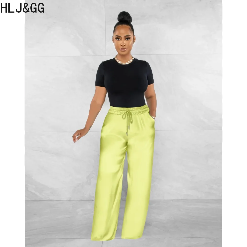 HLJ&GG Autumn Winter Casual Solid Color Wide Leg Pants Women High Waisted Drawstring Pants Female Pocket Matching Bottoms 2023