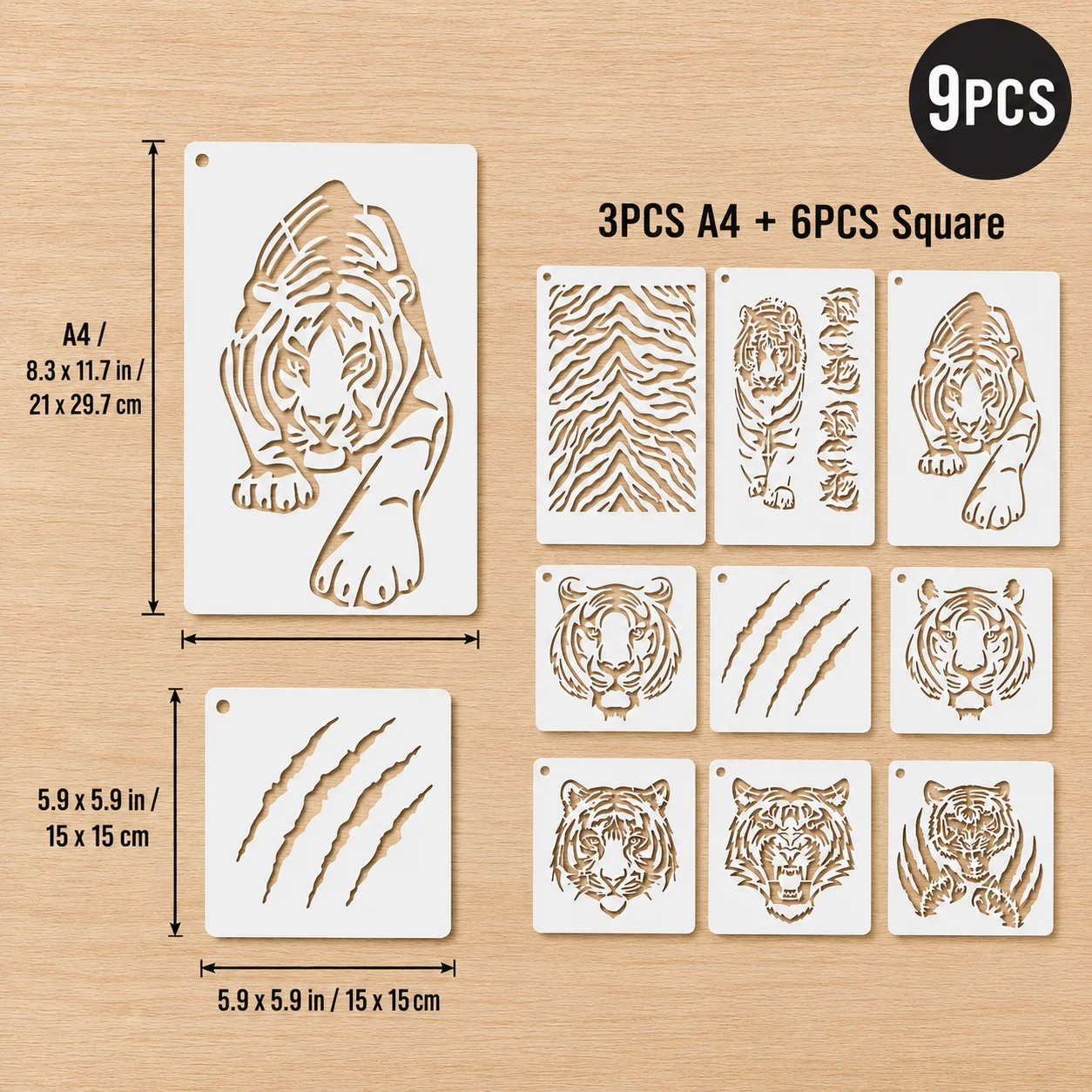 9개입 A4 8.3 x 11.7인치 및 5.9 x 5.9인치 호랑이 스텐실 재사용 가능한 DIY 벽면/패브릭/캔버스용 페인팅 템플릿