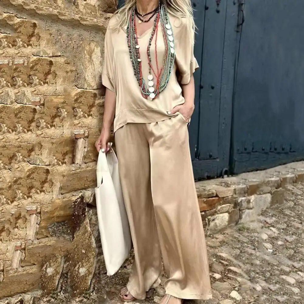 Women Outfit Stylish Women's V Neck Top Wide Leg Pants Set with Side Pockets Casual Daily Outfit Loose Half Sleeve T-shirt
