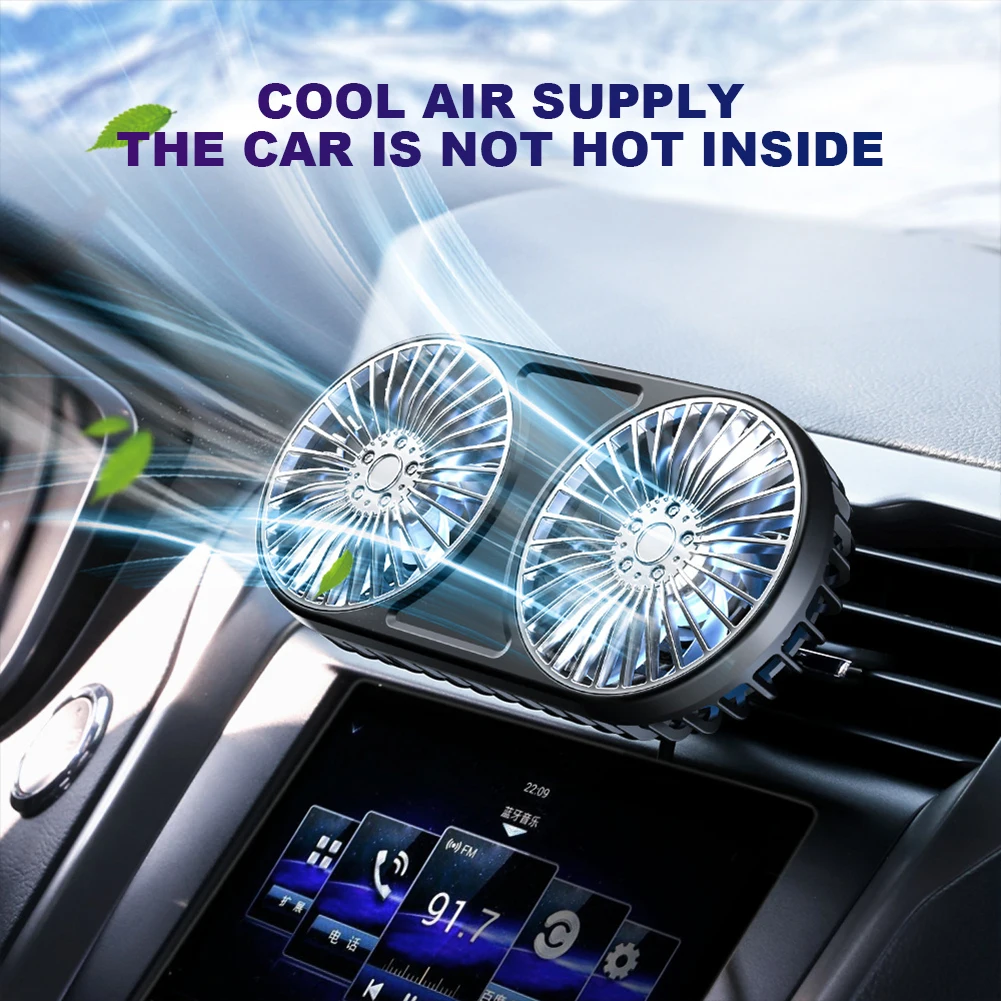 

5V Electric Car Cooler Low Noise USB Air Circulator Fan Dual-head Auto Electric Fan 3 Gear 360 Degree Rotating for Truck Vehicle