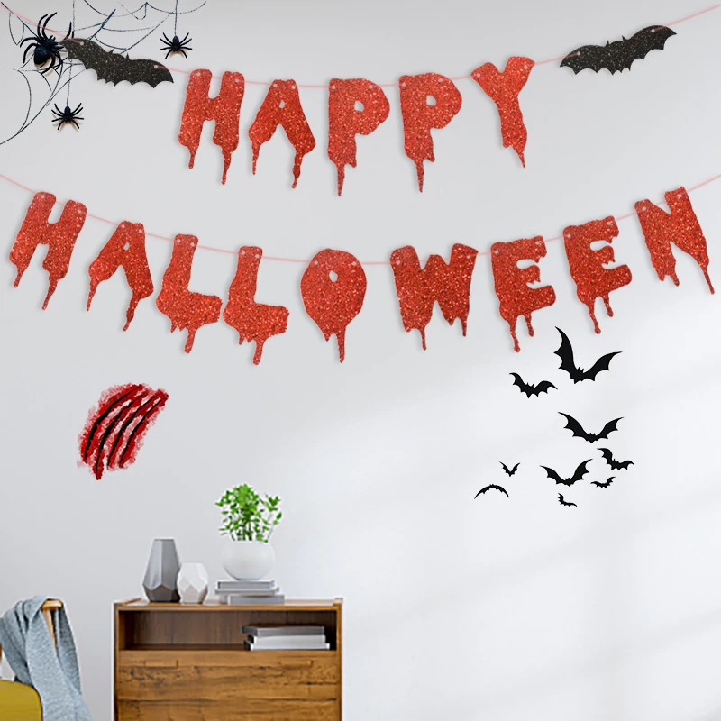 Party Decorations Birthday Banner Red Glitter Happy Halloween Paper Banner Hotel Bar Haunted Houses Indoor Home Decor Blood Horror Halloween Party Hanging Decor