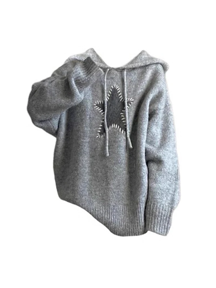 

Simple Grey Knitted Pullovers Hooded Women Long Sleeve Autumn Winter Female Baggy Sweater Korean Tide Star Print Oversized Y2K
