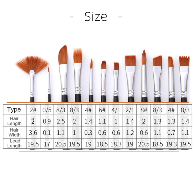 12 Pcs/Set Professional Paint Brushes Acrylic Watercolor Oil Painting Brush Round Pointed Tip Nylon Hair Acrylic Brush Drawing