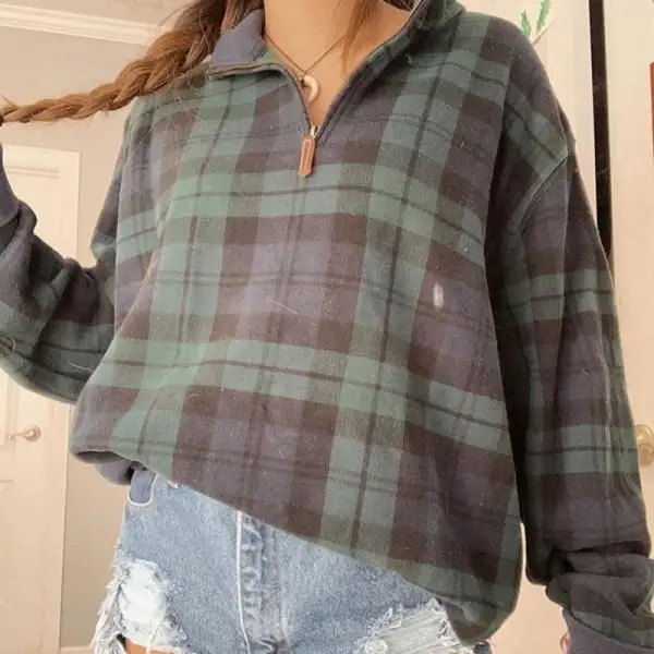 

Women Autumn Green Plaid Zipper Shirts Fashion England Stitching Sweatshirt Female Long Sleeve Pullover New Plus Size Streetwear