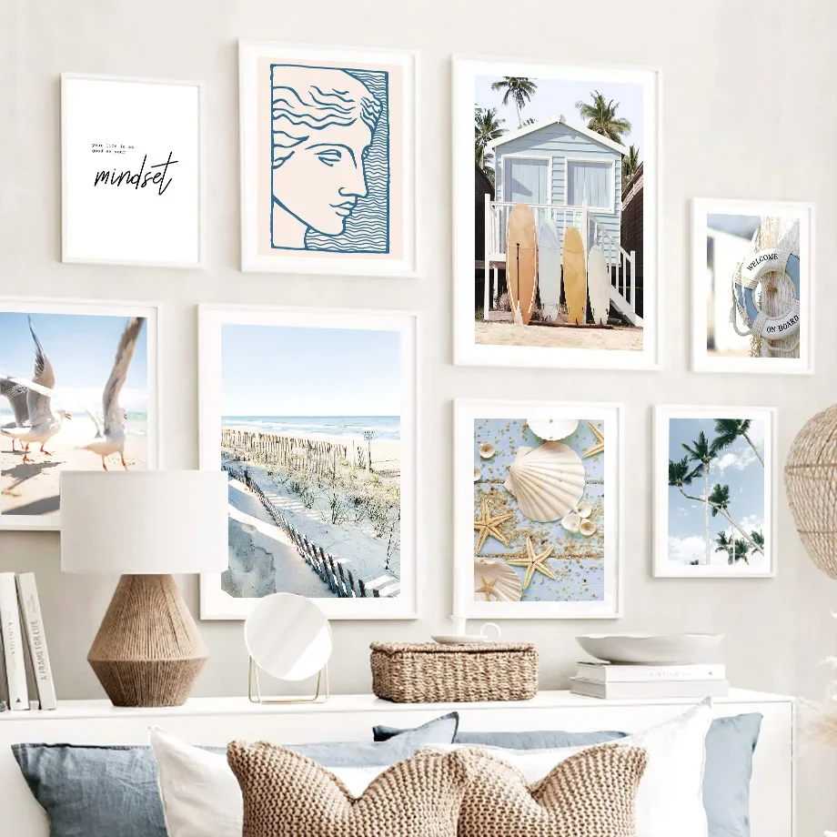 

Beach Surfboard Shell Seagulls Girl Reed Wall Art Canvas Painting Nordic Posters And Prints Wall Pictures For Living Room Decor