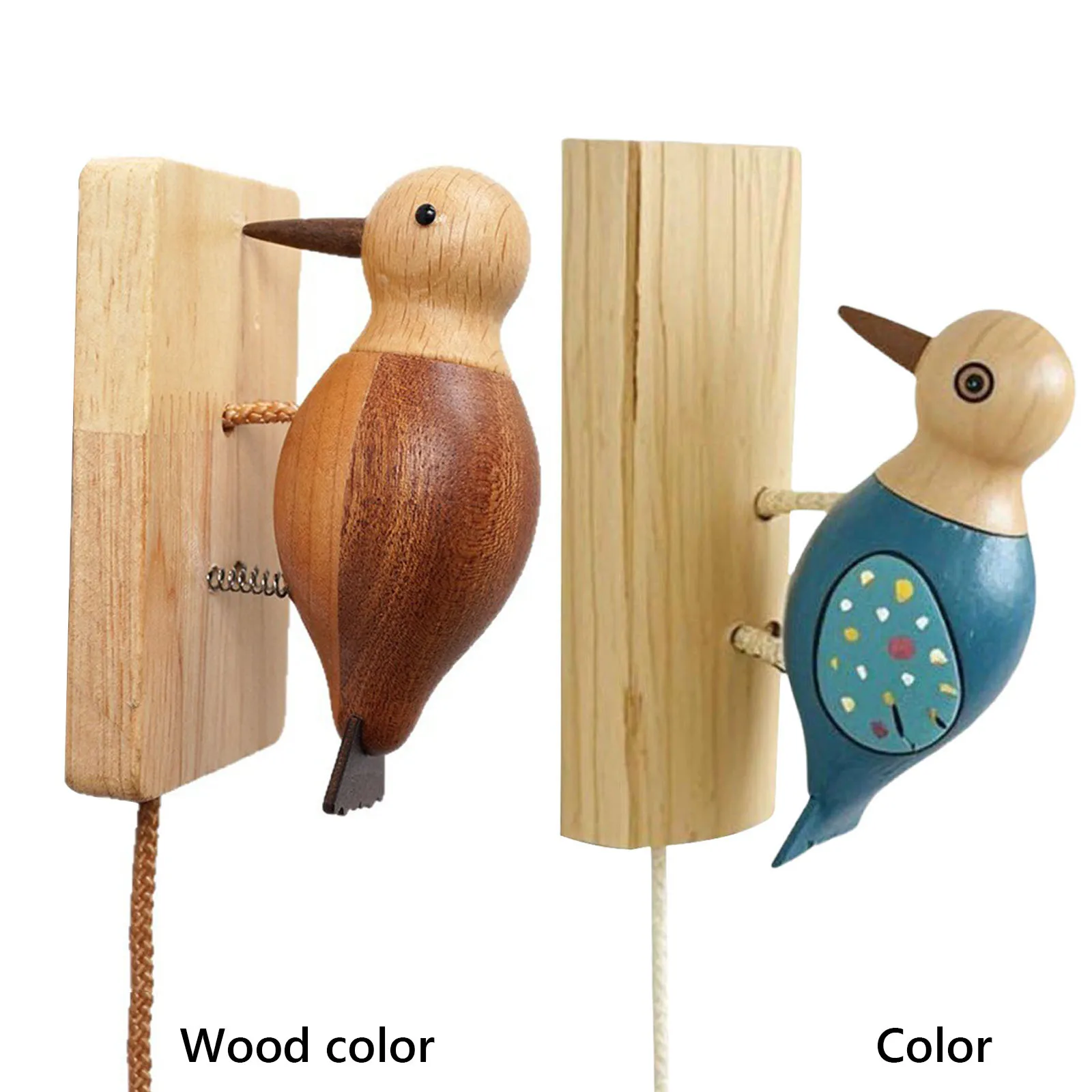 우드페커 도어 노커, 당김줄이 있는 나무 새 모양 차임벨, 창의적인 우드페커 벨..