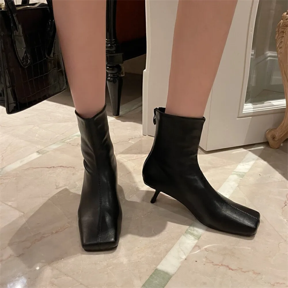 

Fashoin Women Ankle Boots Square Toe Back Zipper Black Brown Thin Mid Heels Solid Color Black Brown Dress Shoes Woman Size 35-39