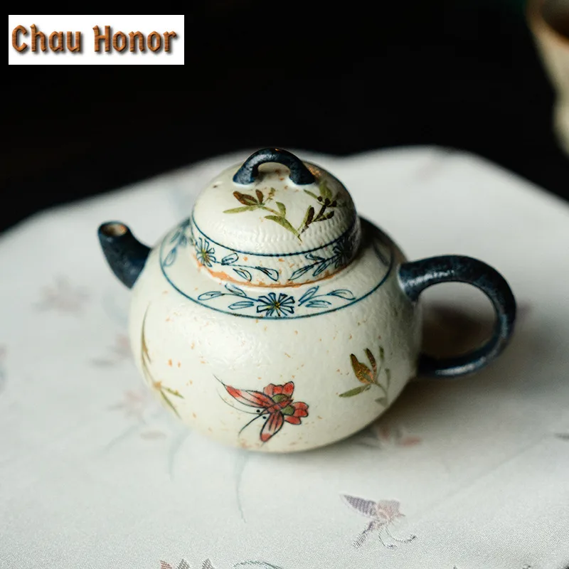 130ml Blue And White Flint Red Teapot Handmade Gold Drawing Butterfly Orchid Pot Tea Maker Kettle Chinese Kung Fu Tea Set Gift