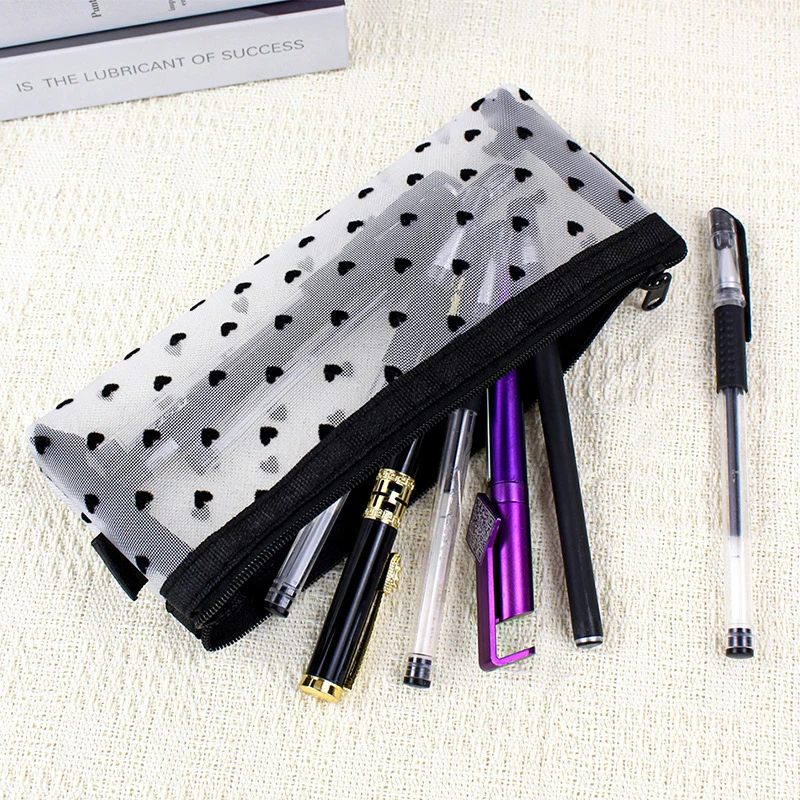 Mesh Cosmetic Makeup Bags Case Holder Cute Transparent Zipper Black Heart Printed Pencil Pen Case Pouch Convenient To Carry 4