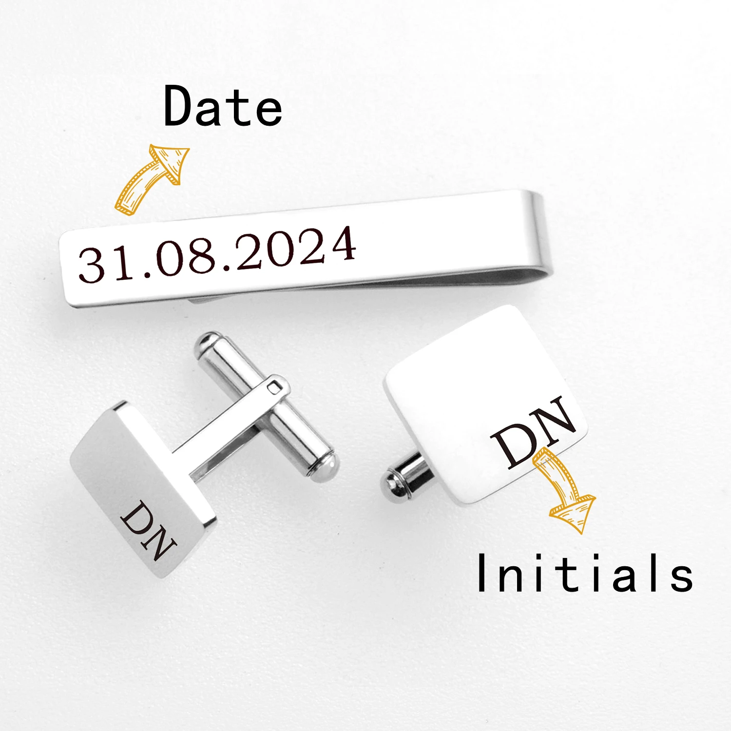 Personalisiertes Hochzeits-Manschettenknöpfe- und Krawattenklammer-Set für den Trauzeuge des Bräutigams – individueller Name/Datums graviertes, elegantes Geschenk für den Jahrestag – Detail 9