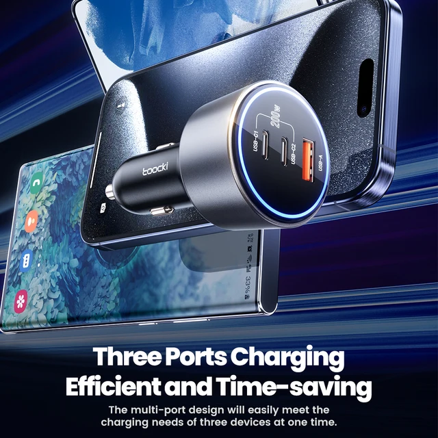 Toocki 200 واط شاحن سيارة شحن سريع 4.0 PPS 45 واط PD 100 واط شحن سريع USB C شاحن هاتف السيارة لماك بوك آيفون 15 14 سامسونج