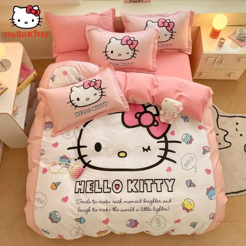 

Cotton Hello Kitty Four-Piece Set Anime Cartoon Sanrio Melody Sheets Quilt Cover Pillowcase Student Dormitory Three-Piece Set