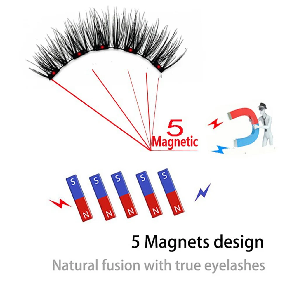 3D Magnetic Eyelashes Kit 5 Magnet Easy To Wear False Natural Black Stem Fake Lashes Reusable Eyelash Supplies