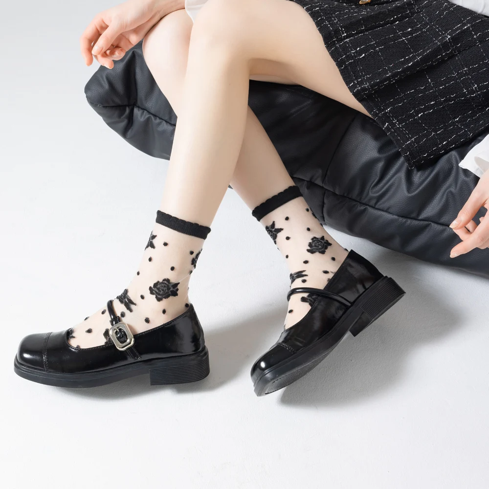 5 Paar Damen-Söckchen, ultradünn, transparent, Kristall, schwarzer Punkt, Spitze, Netzstoff, Glasseide, elastisch, durchsichtig, Sommersocken, modisch – Detail 8