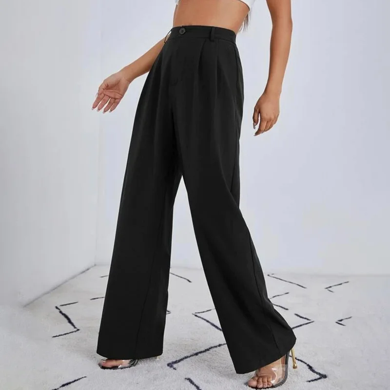 High Waist Zipper Solid Color Female Trousers Loose Full Length Vintage Wide Pants Women Chic Fashion Office Wear Straight Pants