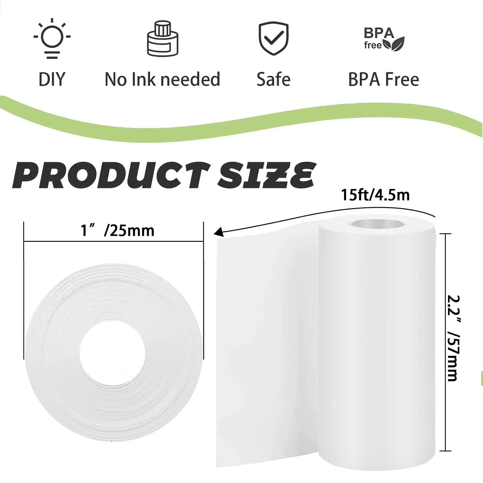 5롤 비접착성 흰색 감열지 57x25mm BPA 프리 친환경 어린이 휴대용 프린터 즉석 카메라 라벨 등