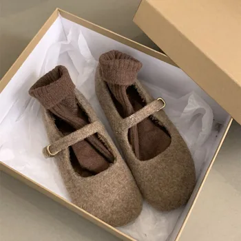 Fashion Square Toe Fleece Flet Ballet Flats Woman Winter Warm Wool Mary Jane Shoes Ladies Brand Design Elegant Plush Loafers 1