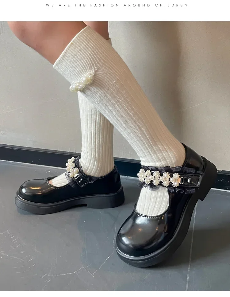 Description Picture 6 of itemChildren's PU Shoes New Pearl Lace Princess Soft-soled Footwear Kids Flat Rubber Loafers Girls School Student Daily 23-35