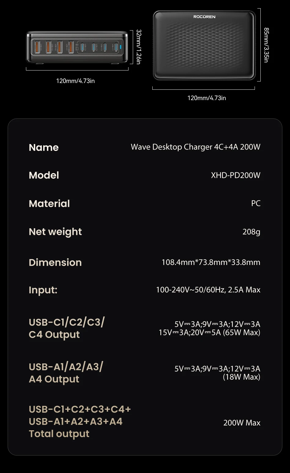 Rocoren 200W GaN Ladegerät 8-in-1 Desktop-Schnellladestation für iPhone 17 Pro Xiaomi Samsung USB-C Ladegerät Tragbare Powerstation – Detail 32