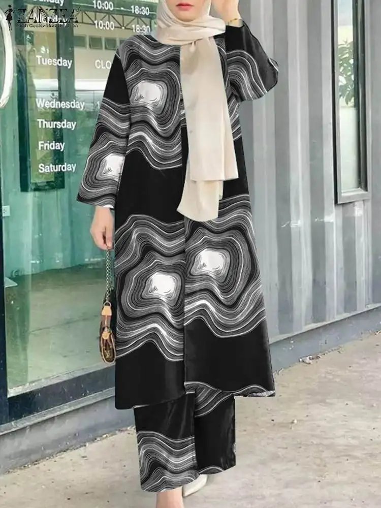 ZANZEA Vintage Printed Muslim Sets Women Blouse Suit Autumn Tracksuits Islamic Outfits Long Sleeve Shirt & Pants Causal Abaya