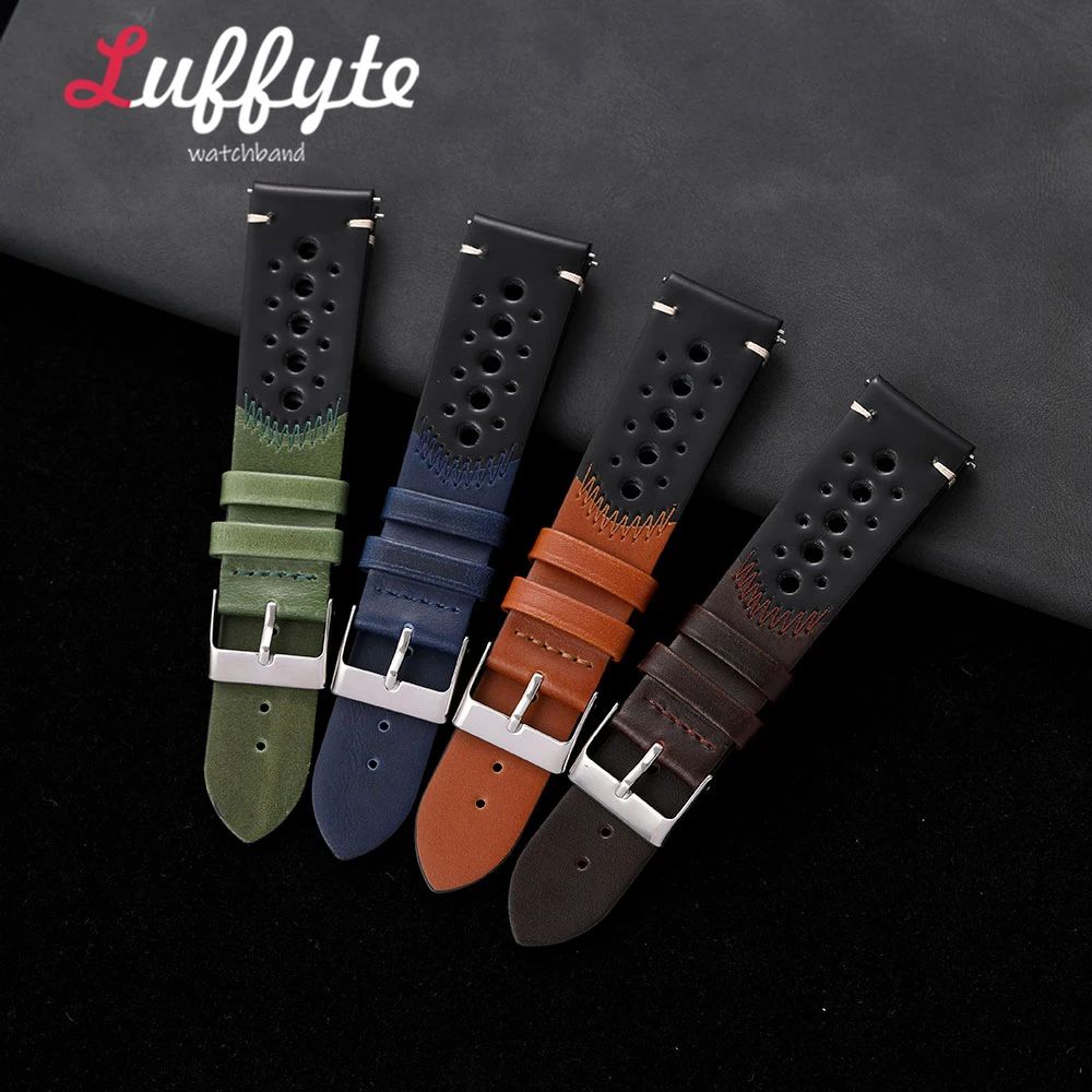 Vintage Oil Waxed Leather Watch Strap with Quick Release and Personalized Stitching