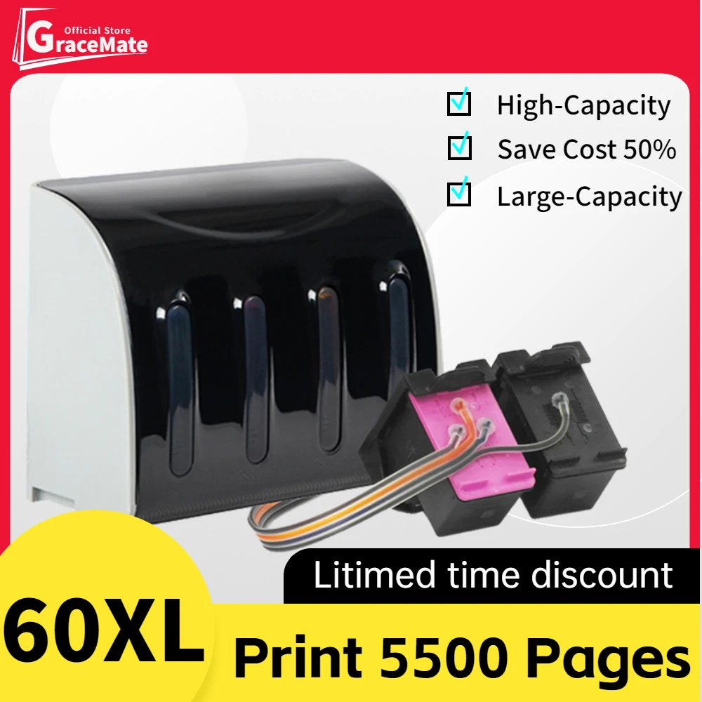 Compatible For HP 60XL HP60 CISS Refill Ink Cartridge D2563 D2500 D2566 D2568 D2660 Deskjet D2530 D2545 D2560 Printer