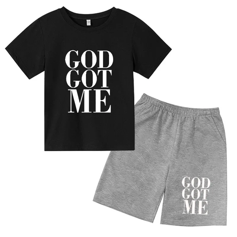 thumbnail image 1 of Conjunto de 2 piezas de camiseta y pantalones cortos con estampado de letras para niños y adolescentes de verano de 4 a 14 años, ropa informal de manga corta para niños y niñas, 1 of 5