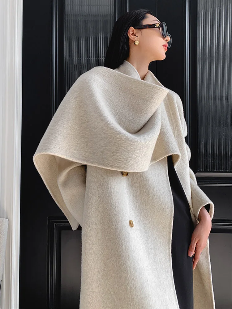 New Women Solid Shawl Scarf Collar Wool Coat Double-side Long Warm Double-breasted Wool Coat Female Overcoat Fit Autumn Winter