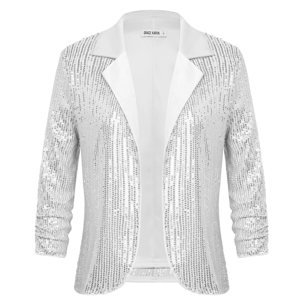 GK Women Sequined Party Blazer Coat 3/4 Sleeve Lapel Collar Open Front Coat Business Casual Blazer Jacket A30