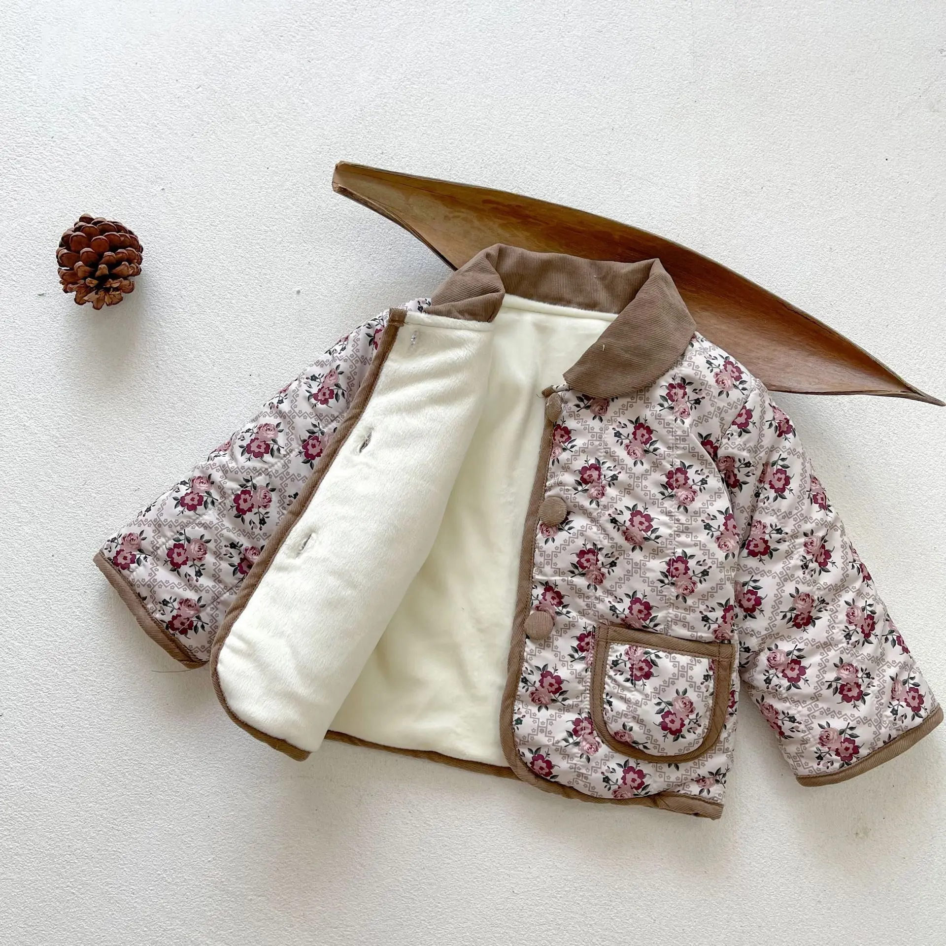3618D Baby Coat Winter Cotton-padded Baby Girl's Jacket Floral Pocket Padded Cotton Jacket Cotton Coat